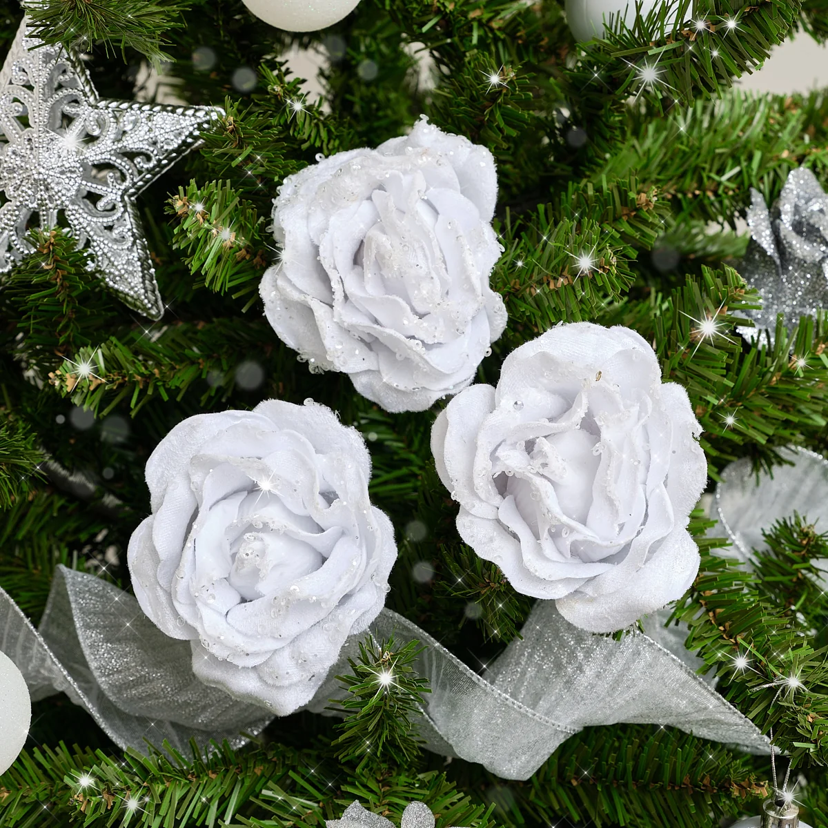 High-Performance Set of 3 White Velvet Glitter Rose Clip Christmas Decoration - 10cm User-Friendly