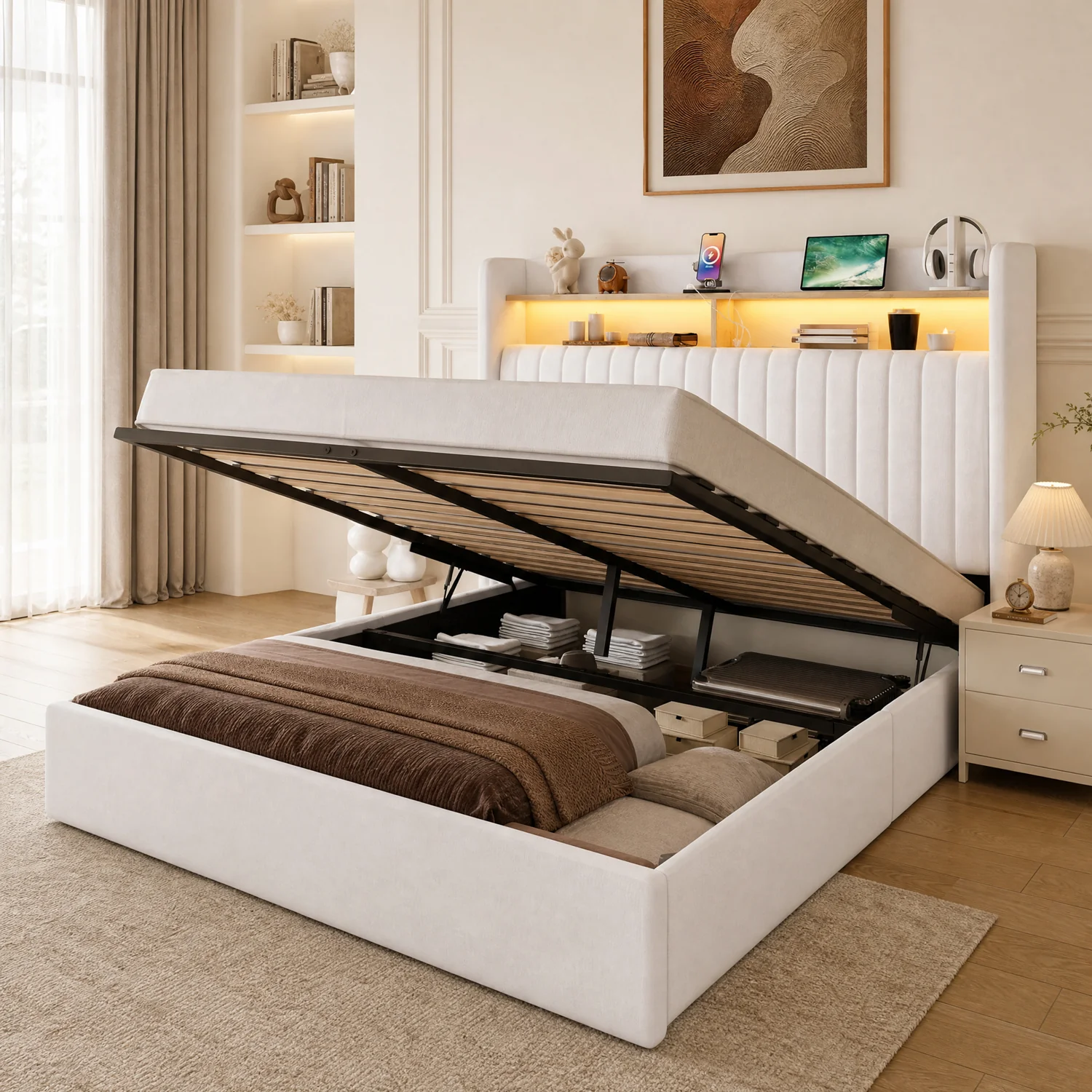 Certified Lift Up Storage Bed Frame with Charging Station LED Lights Upholstered Wingback Bed with Hydraulic Storage and Shelf HeadboardLift Up Storage Bed Frame with Charging Station LED Lights Upholstered Wingback Bed with Hydraulic Storage and Shelf Headboard Casual