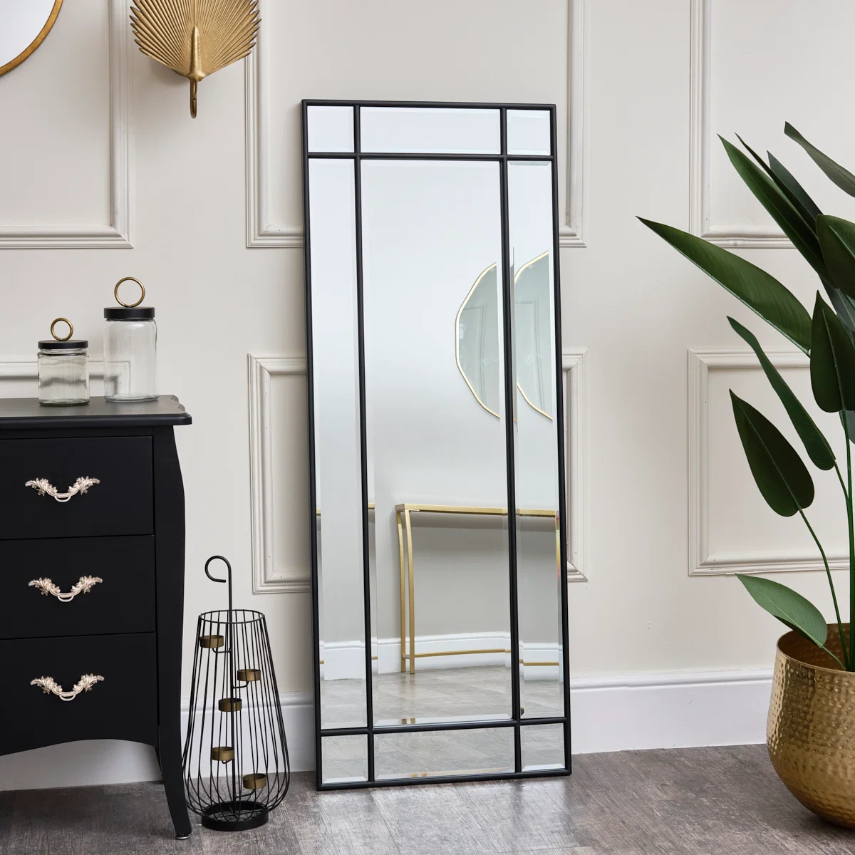 Soft Black Framed Art Deco Wall Leaner Mirror 142 cm x 54 cm Original