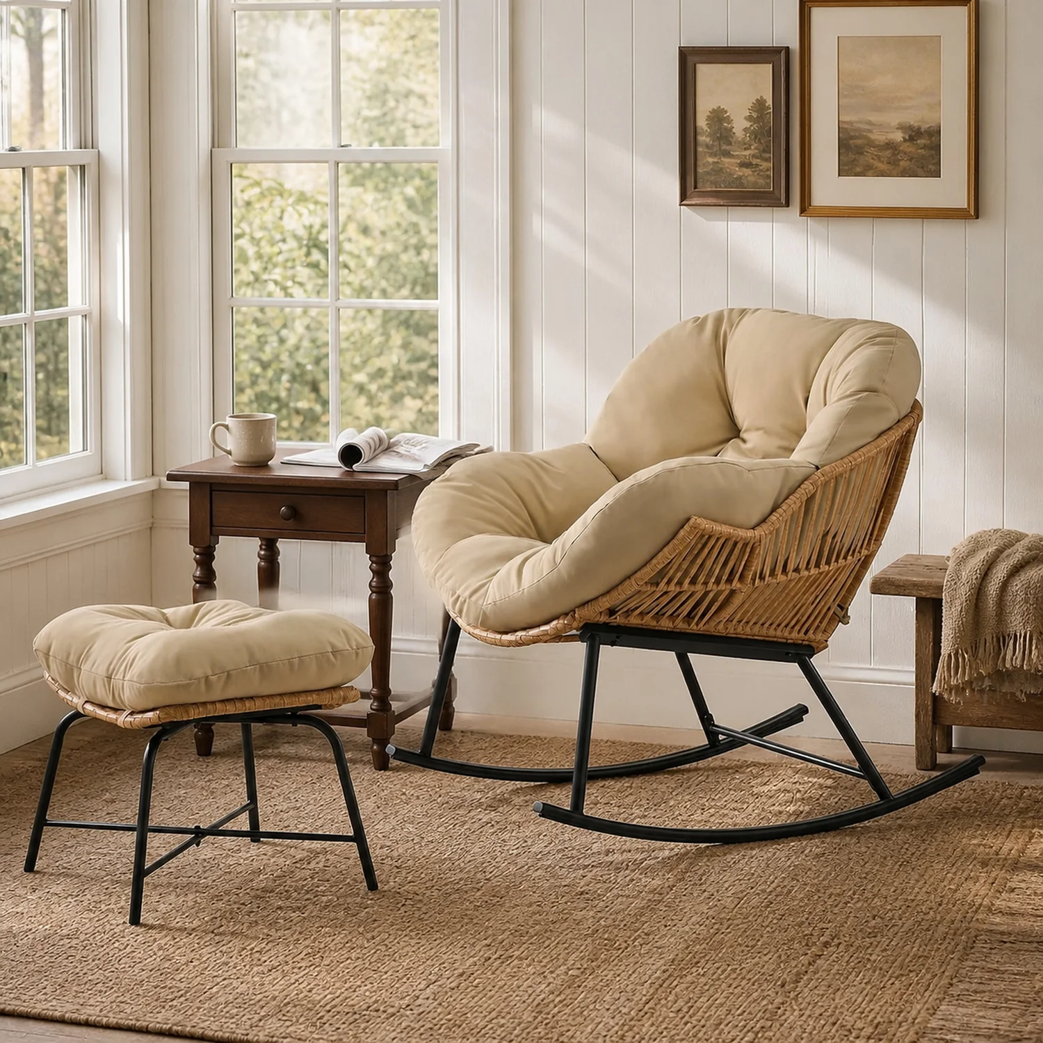 Enhanced Papasan Rocking Chair with Ottoman Oversized Indoor Outdoor Rattan Rocker with Padded CushionPapasan Rocking Chair with Ottoman Oversized Indoor Outdoor Rattan Rocker with Padded Cushion Effective
