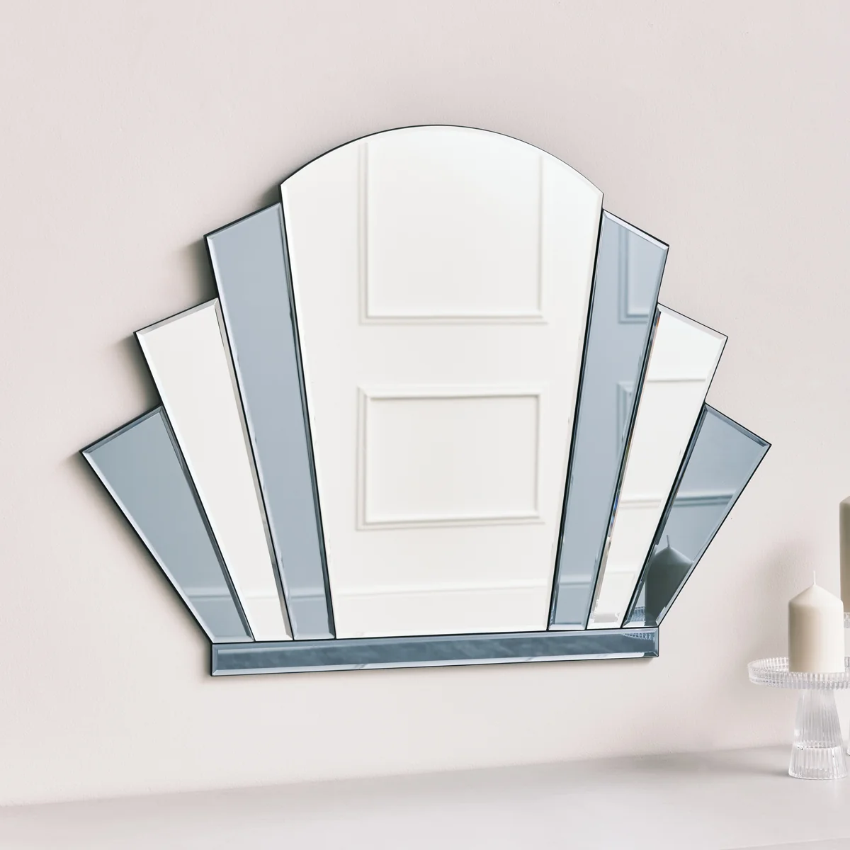 World-Class Grey Glass Art Deco Arch Fan Wall Mirror 80cm x 60cm Certified