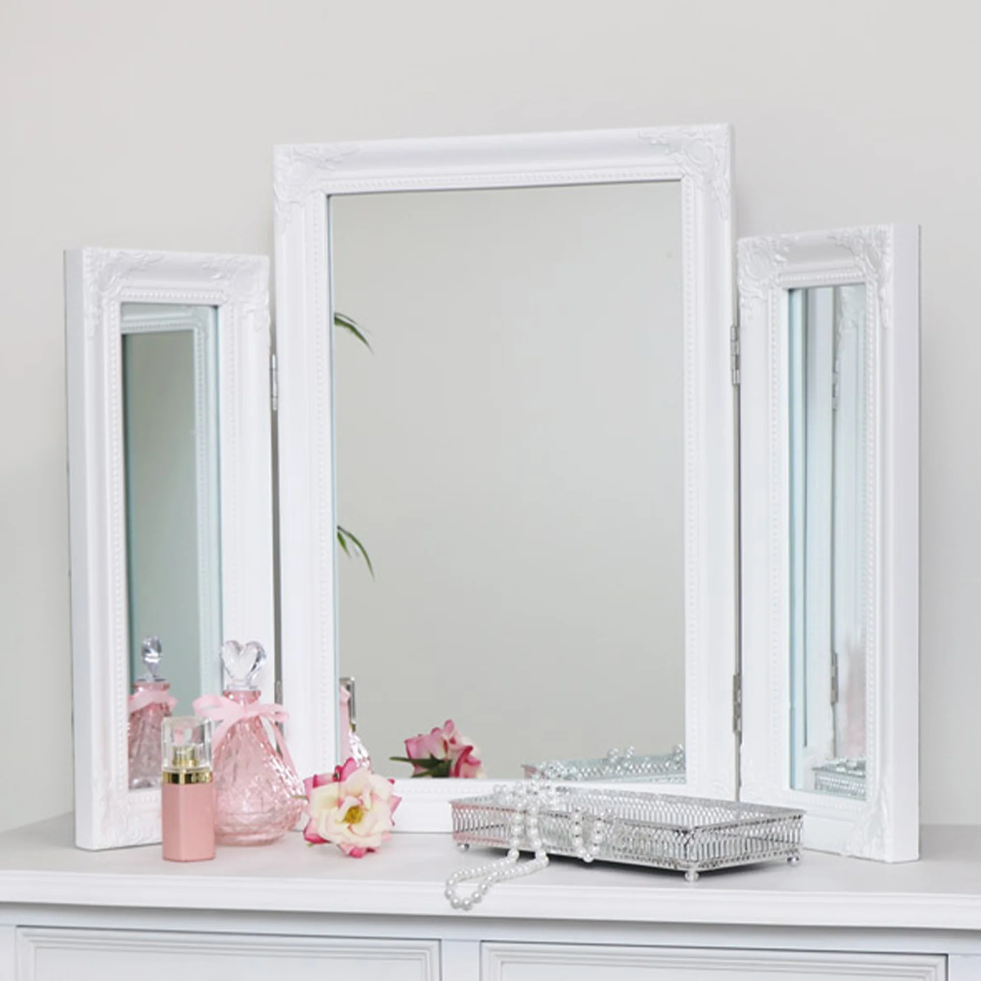 Smooth Ornate White Vintage Triple Dressing Table Mirror - 55cm x 74cm Verified