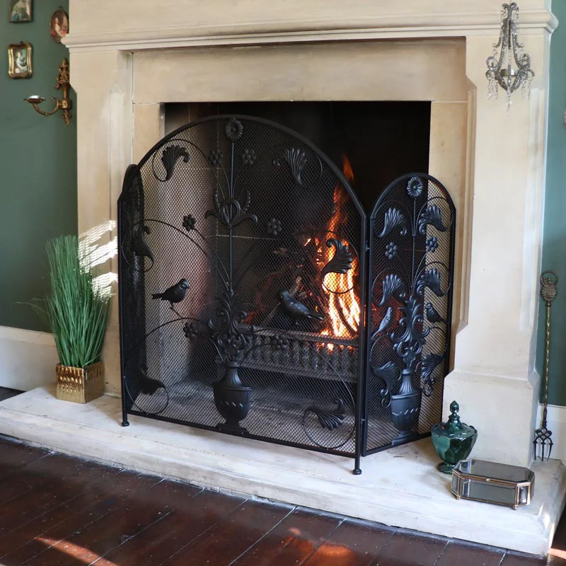 Safe Black Metal Bird Vine Fire Screen Long-Lasting