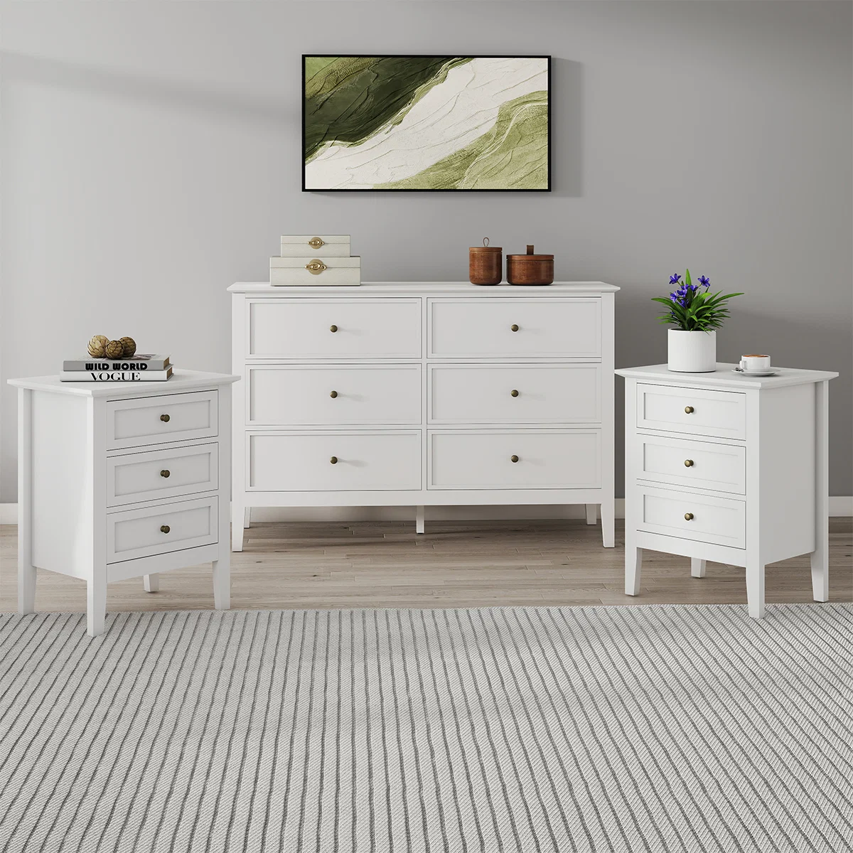 Environmentally Friendly Large 6 Drawer Chest of Drawers and Pair of 3 Drawer Bedside Tables - Rowley White Range Dependable