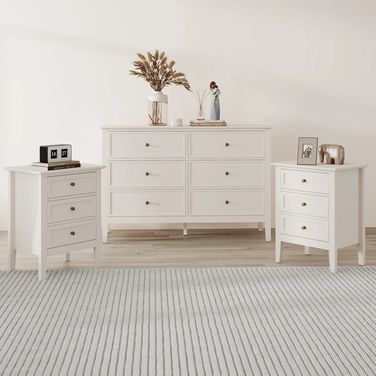 Exceptional Large 6 Drawer Chest of Drawers and Pair of 3 Drawer Bedside Tables - Rowley Pale Cream Range Genuine