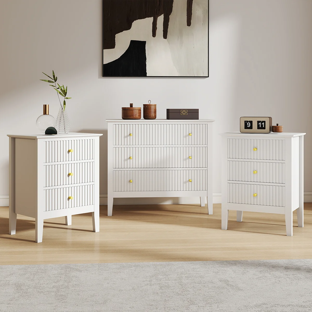 First-Class 3 Drawer Chest of Drawers and Pair of Bedside Tables - Hales White Range Durable