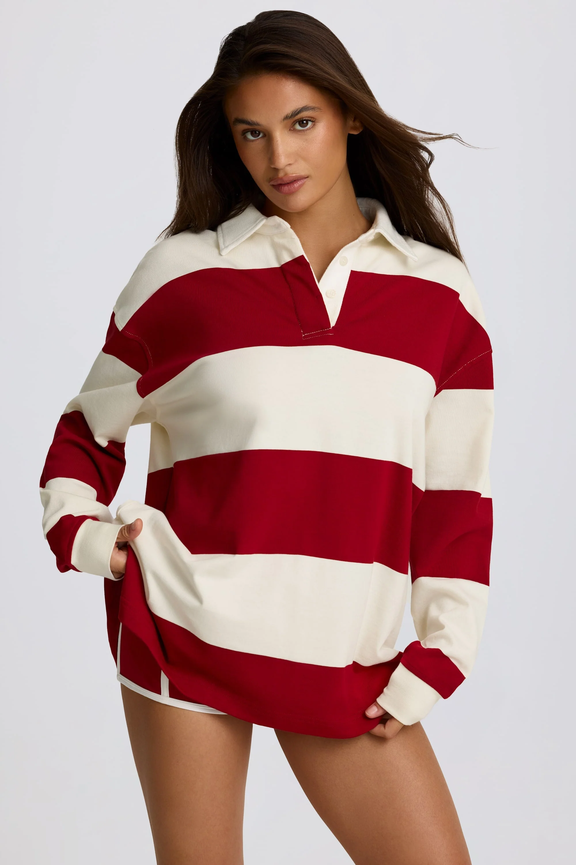 Top-Quality Striped Oversized Long-Sleeve T-Shirt in Dark Red Breathable