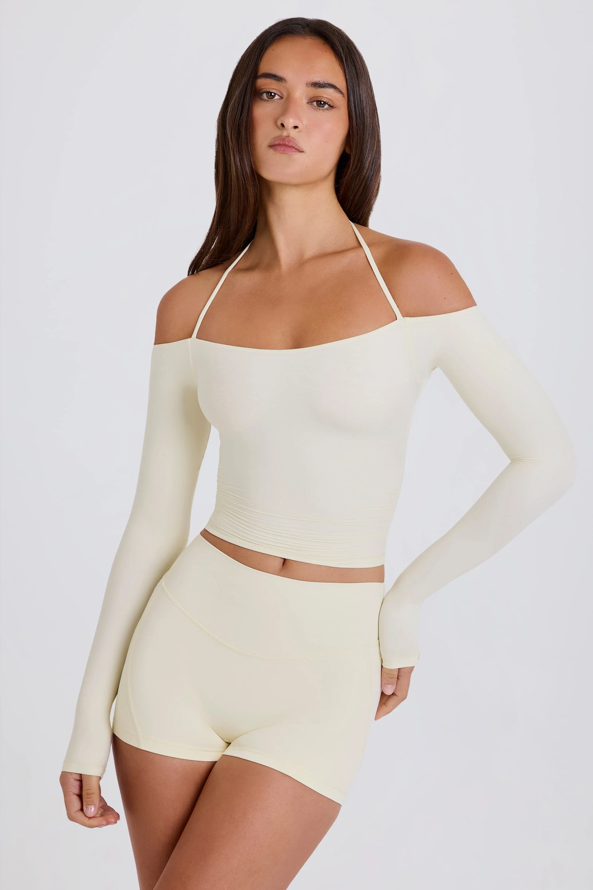 Innovative Soft Jersey Off-Shoulder Halterneck Longline Top in Cream Specialty