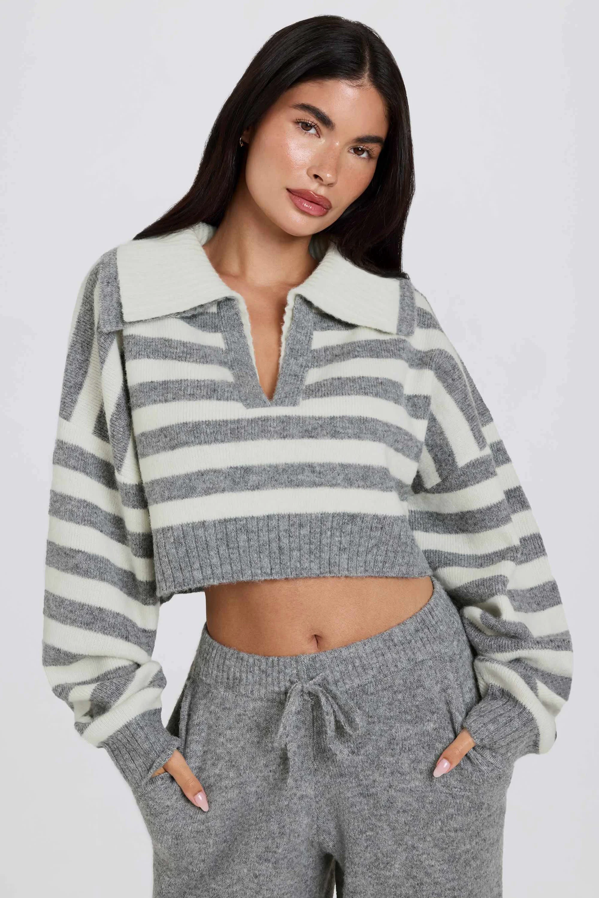 Exceptional Soft Knit Layered Collar Cropped Jumper in Grey Stripe Efficient