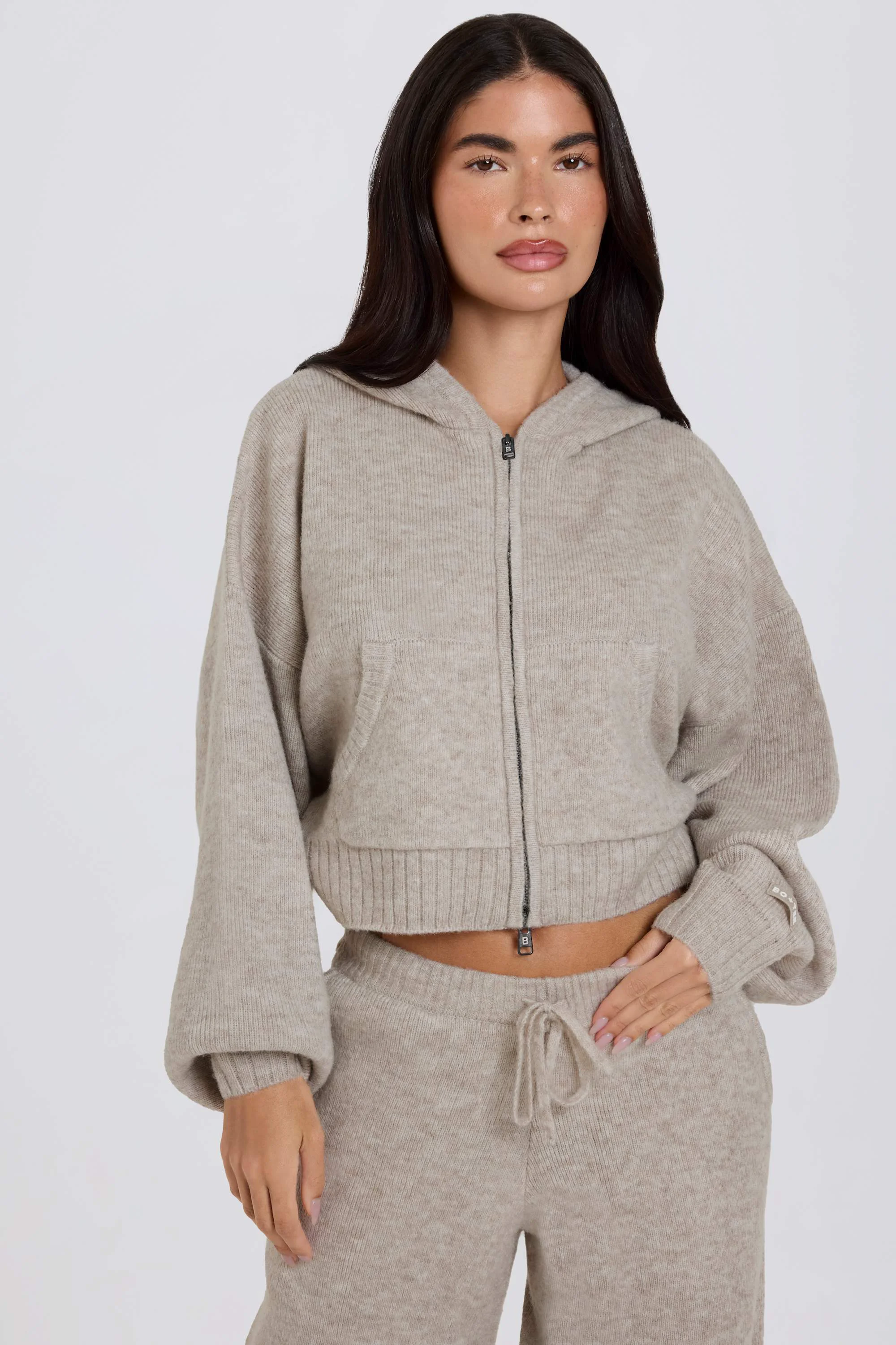 Smooth Soft Knit Zip-Up Cropped Hoodie in Beige Secure
