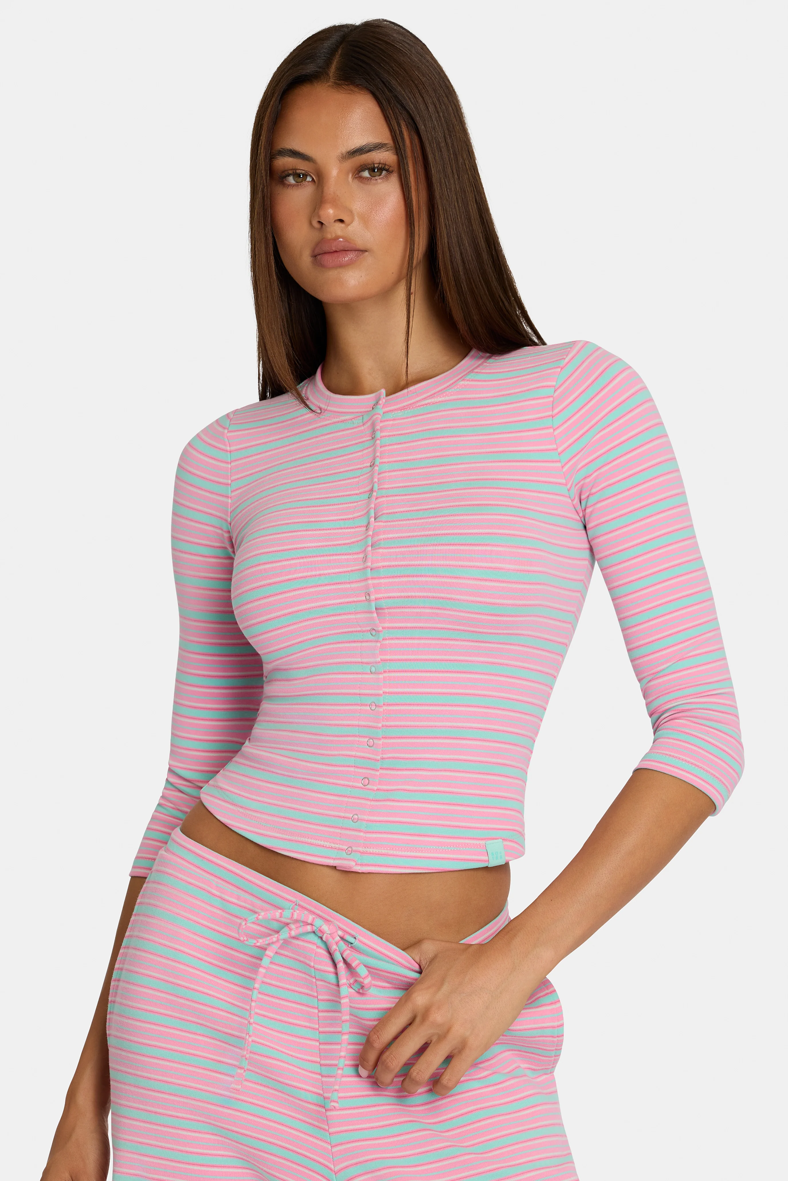 Powerful Brushed Jersey Crewneck Cardigan in Multi Stripe Official