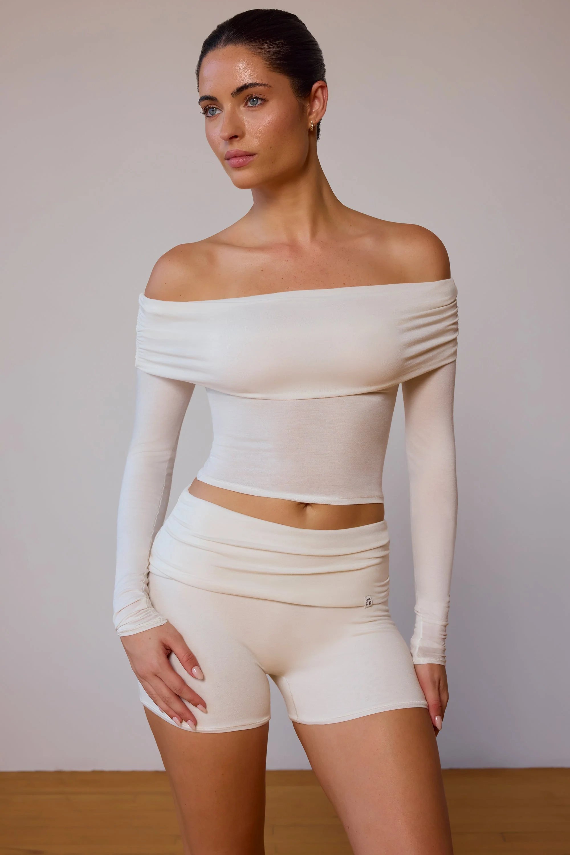 Optimized Sheer Off-Shoulder Long-Sleeve Top in Soft White Premium Material