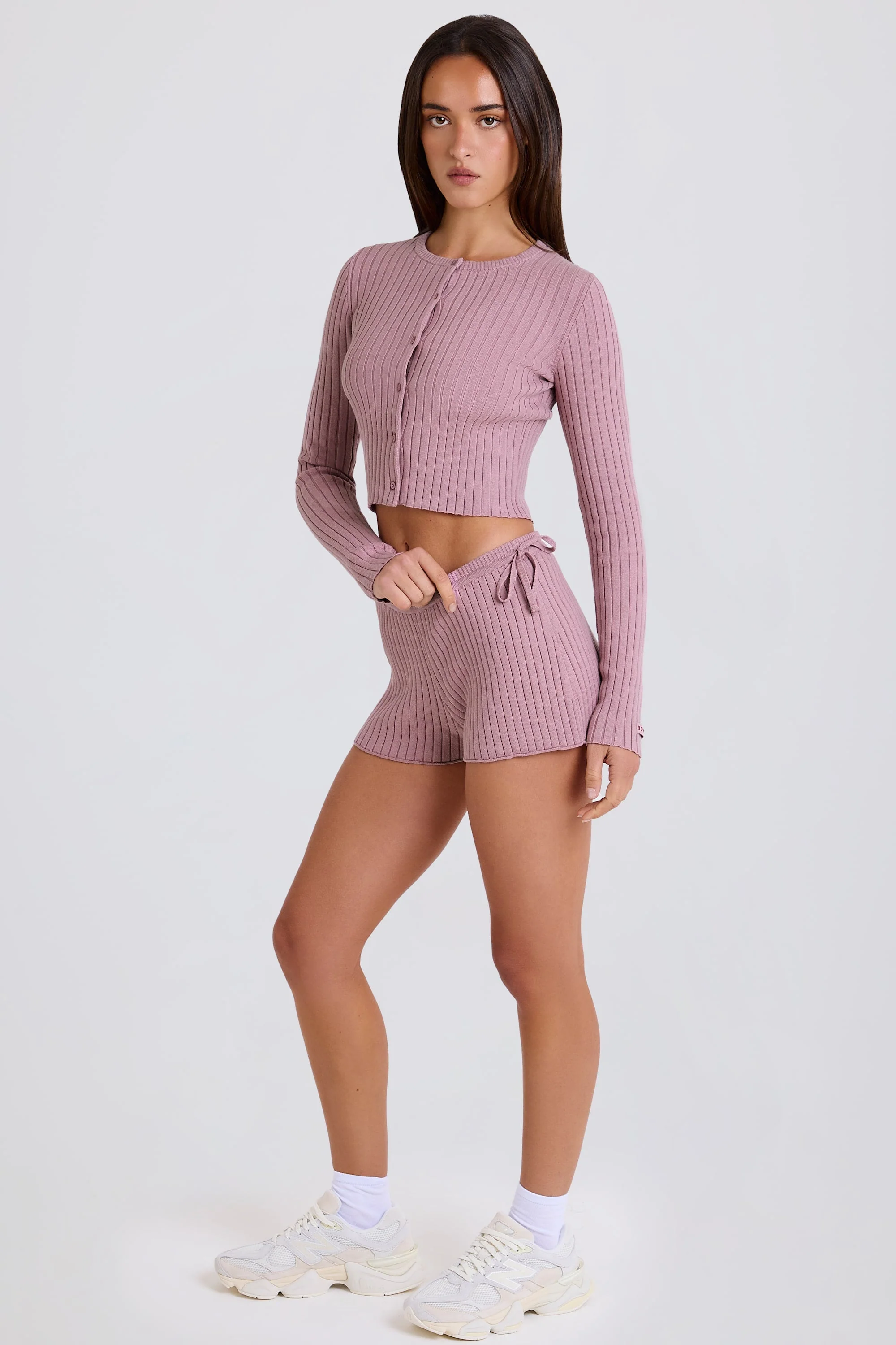 Effective Ribbed Knit Tie Mini Shorts in Mauve Relaxed