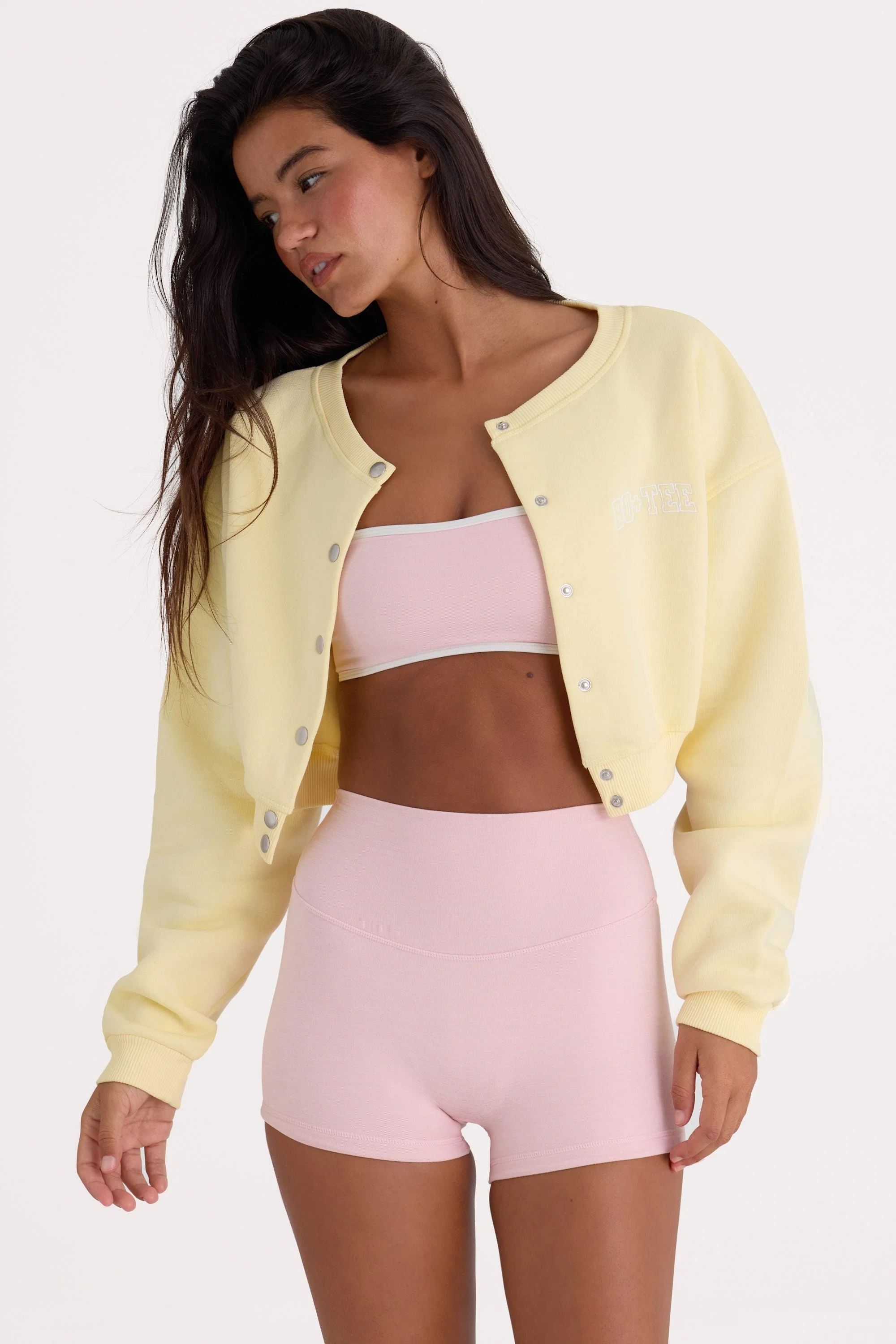 Efficient Brushed Jersey Button-Up Cropped Cardigan in Lemon Detailed