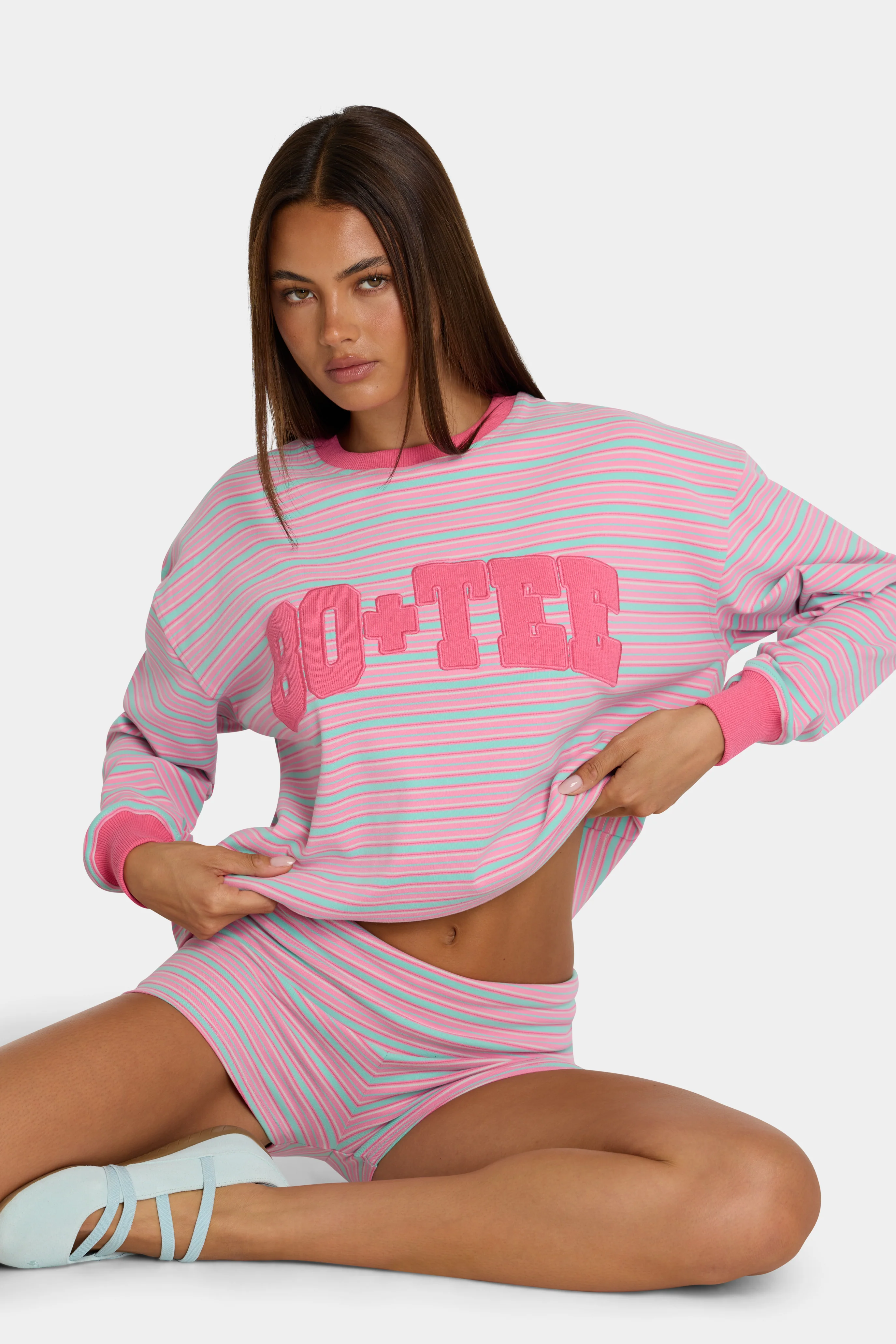 Green Brushed Jersey Crewneck Sweatshirt in Multi Stripe Fine