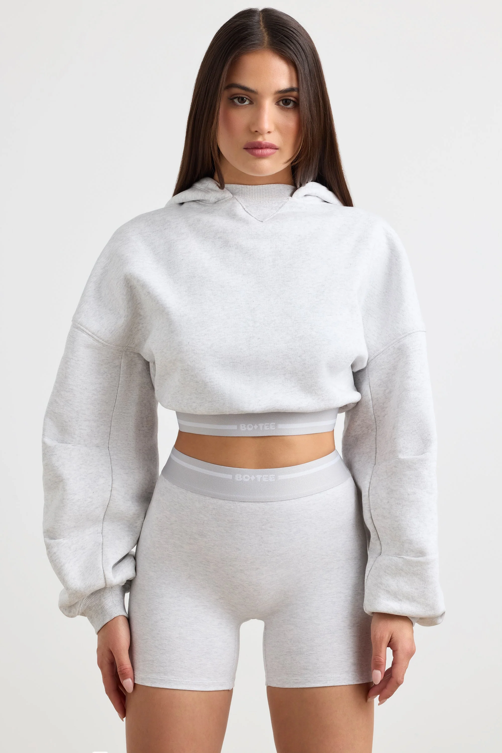 Sophisticated Stretch Cotton Fleece Cropped Hoodie in Grey Marl Practical