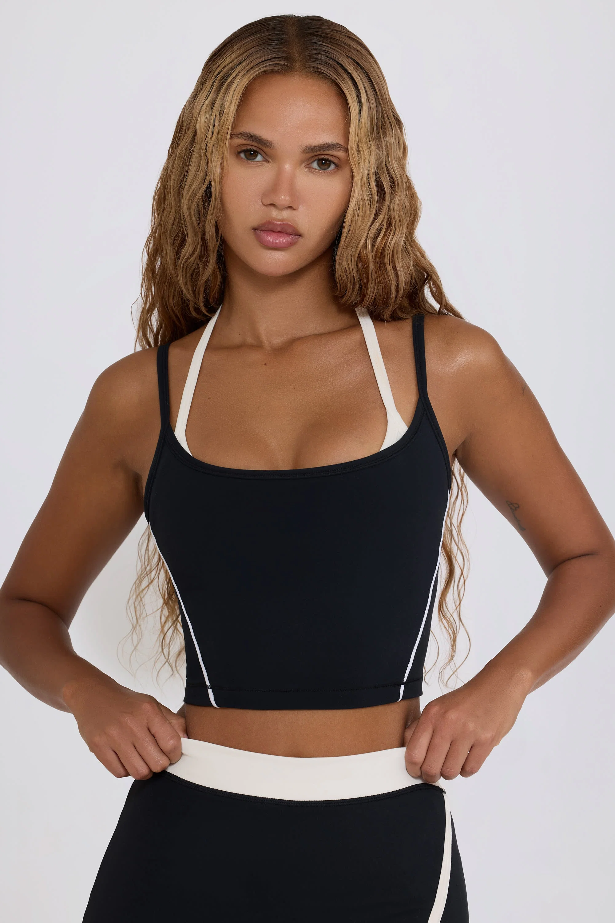 Original Design Soft Active Layered Cropped Tank Top in Black Superior