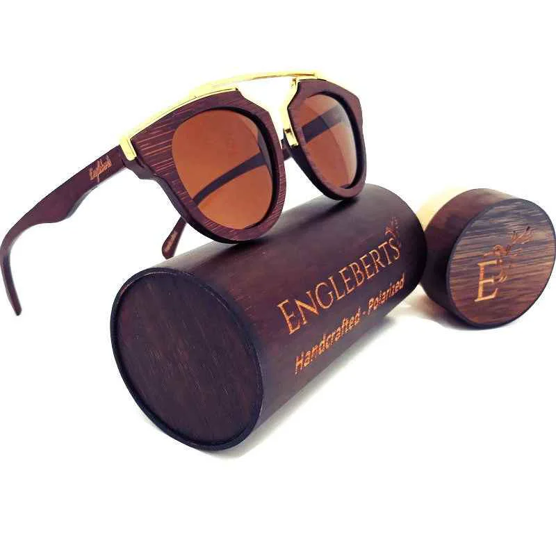 Proven Engleberts Cherry Wood Sunglasses with Eco-Friendly Wooden Case - UV400 Protection Flexible