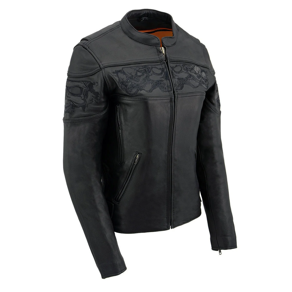 Premium Milwaukee Leather MLL2540 Women's Crossover Black Leather Scooter Jacket w Reflective Skull Graphic Crafted
