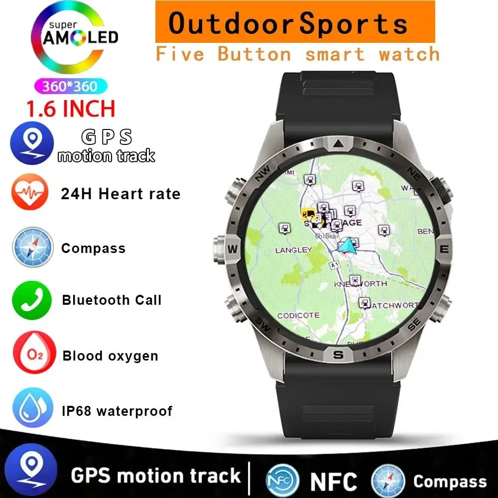 Professional Outdoors Compass Smart Watch with GPS Tracker - 1.6 Inch AMOLED HD Screen Bluetooth Call SmartWatch for Android iOS Contemporary