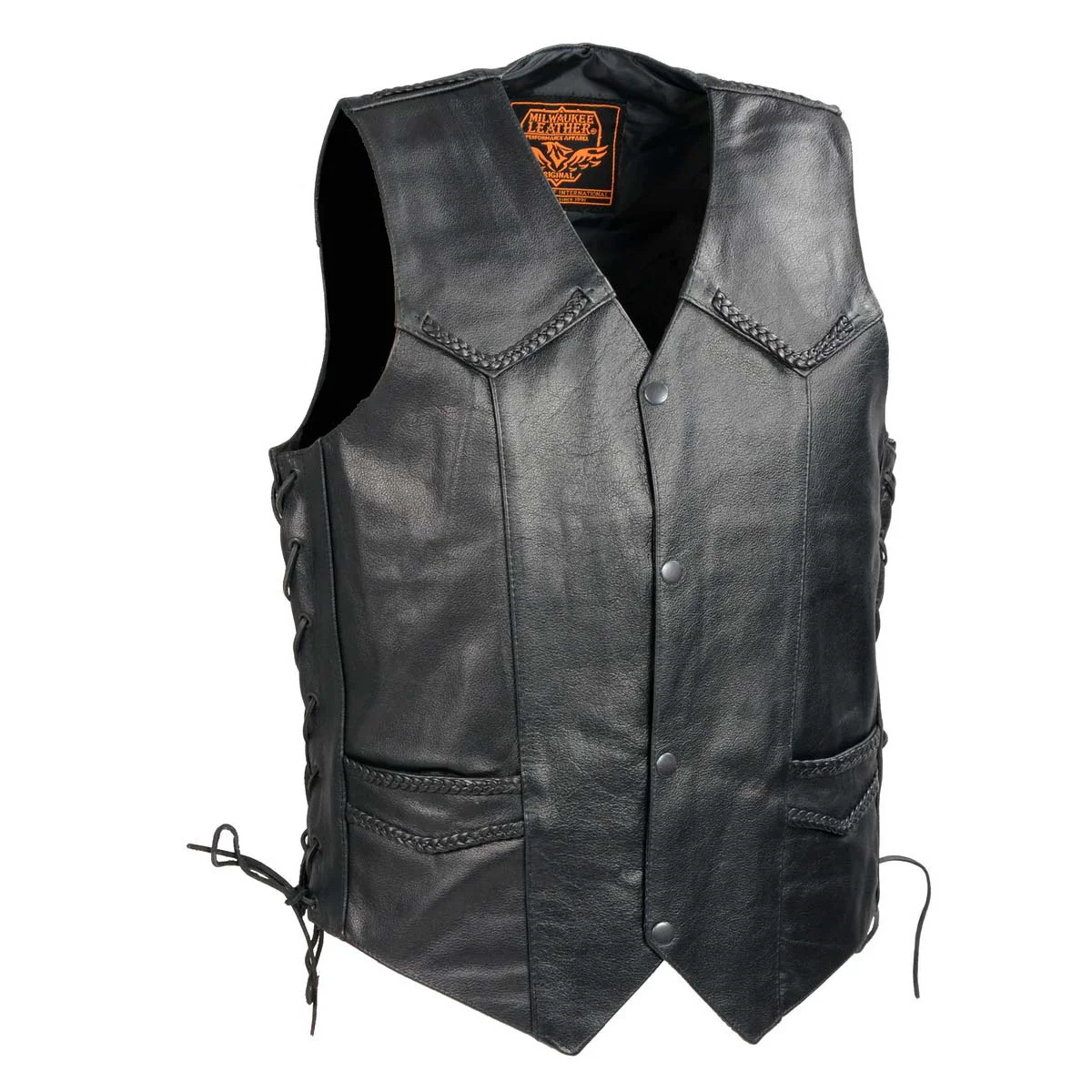 Premium Milwaukee Leather SH1314 Men's Classic Black Braided Leather Vest with Side Laces Contemporary