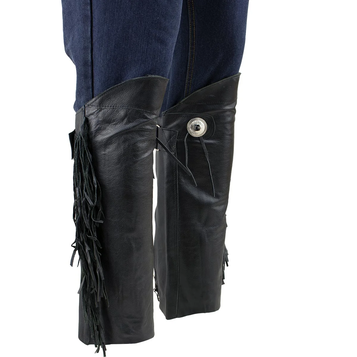 Convenient Leather SH1199FR Women's Black Fringed Leather Short Chaps with Conchos with Conchos Outstanding