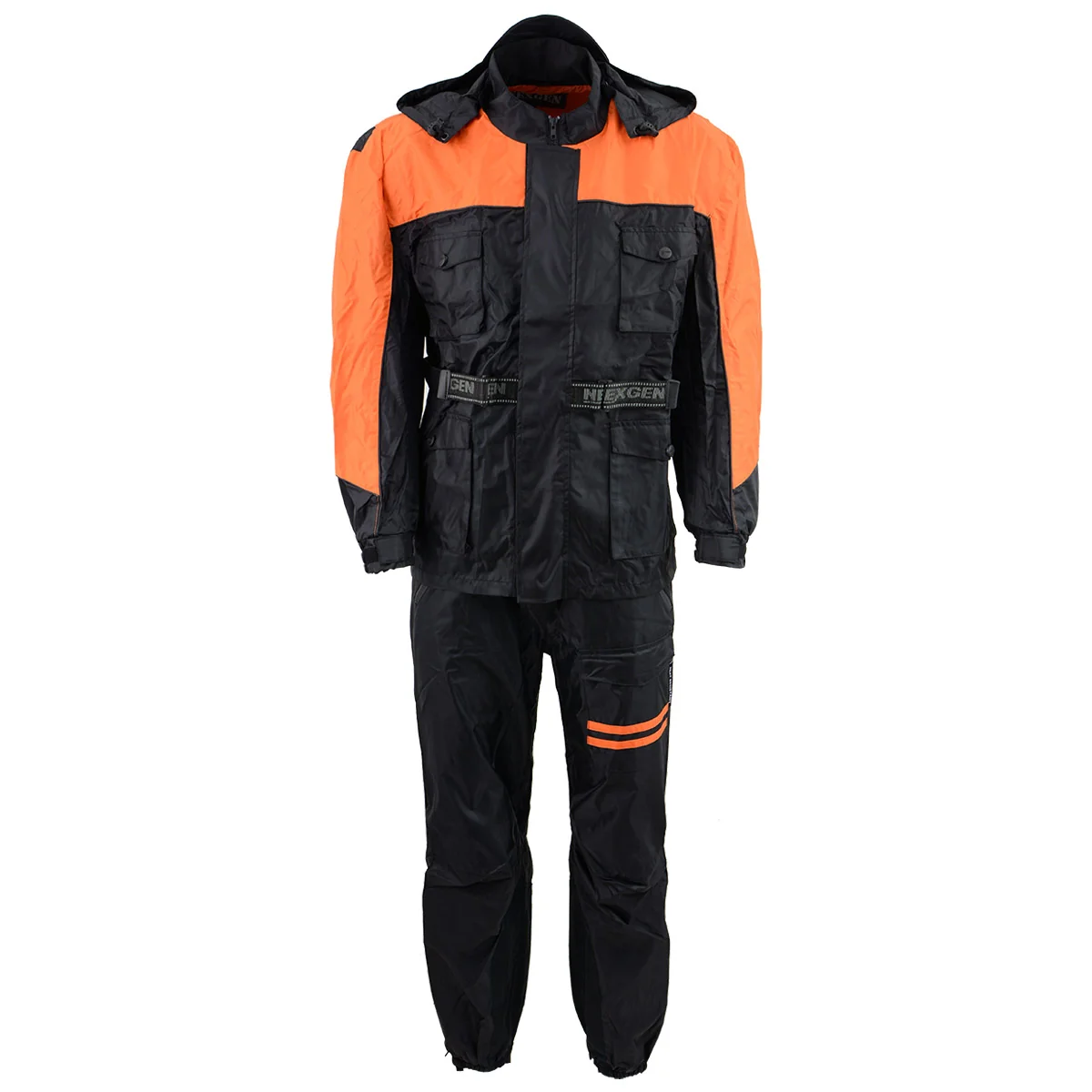 Environmentally Friendly NexGen Men's SH2051 Black and Orange Hooded Water Proof Armored Rain Suit Secure