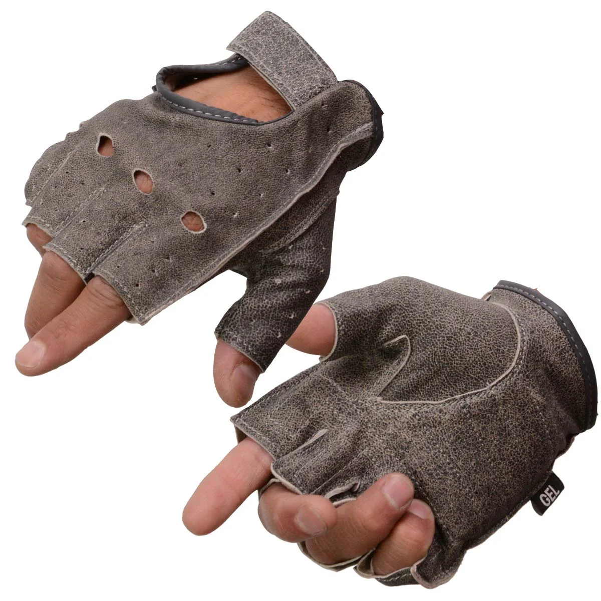 Premium Milwaukee Leather MG7557 Men's Grey Leather Gel Padded Palm Fingerless Motorcycle Hand Gloves W Breathable Open Knuckle Recyclable