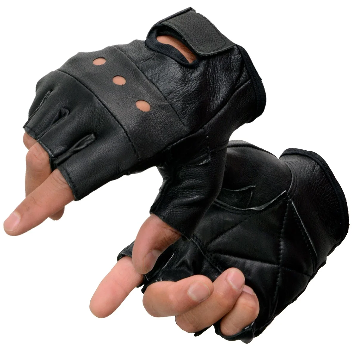 Fine Milwaukee Leather SH355 Men's Motorcycle Black Leather Fingerless Gloves with Gel Palm Smooth