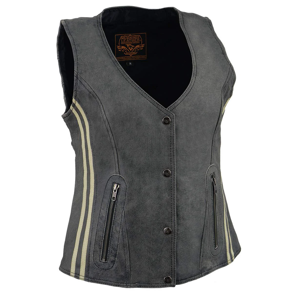 Carefully Designed Milwaukee Leather MLL4506 Women's Grey Leather Vintage Slate Snap Front Vest with Racing Stripes Original Design