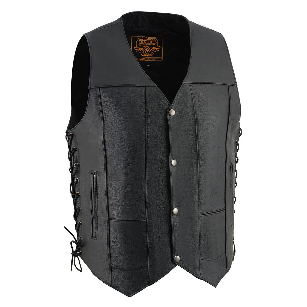 Classic Milwaukee Leather SH1391 Men's Black Leather 10 Pocket V-Neck Side Lace Motorcycle Rider Vest w Front Snap Closure Recyclable
