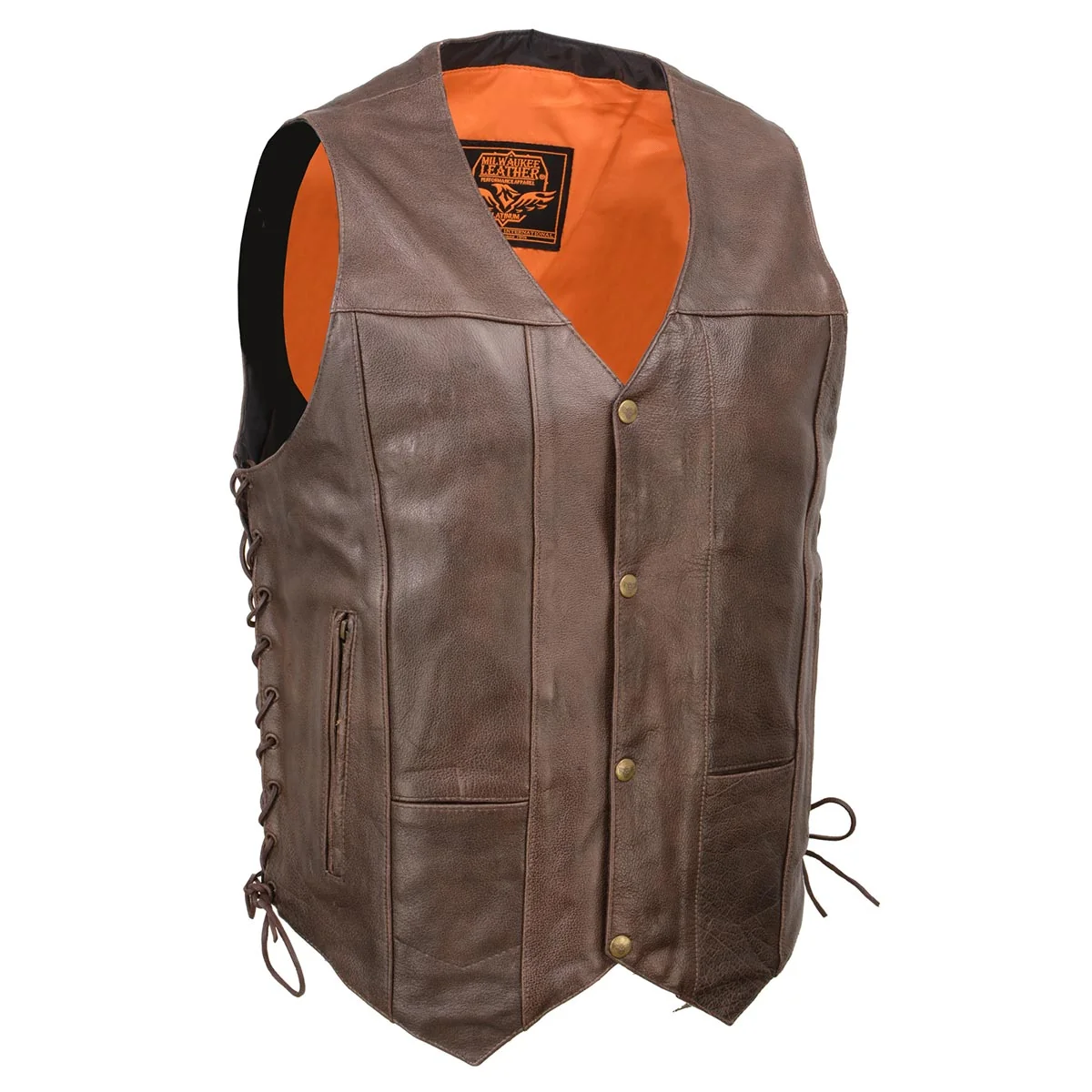 Advanced Milwaukee Leather ML1391RT Men's Retro Brown Leather Vest- 10 Pockets Side Lace 4-Snap V-Neck Motorcycle Rider Vest User-Friendly
