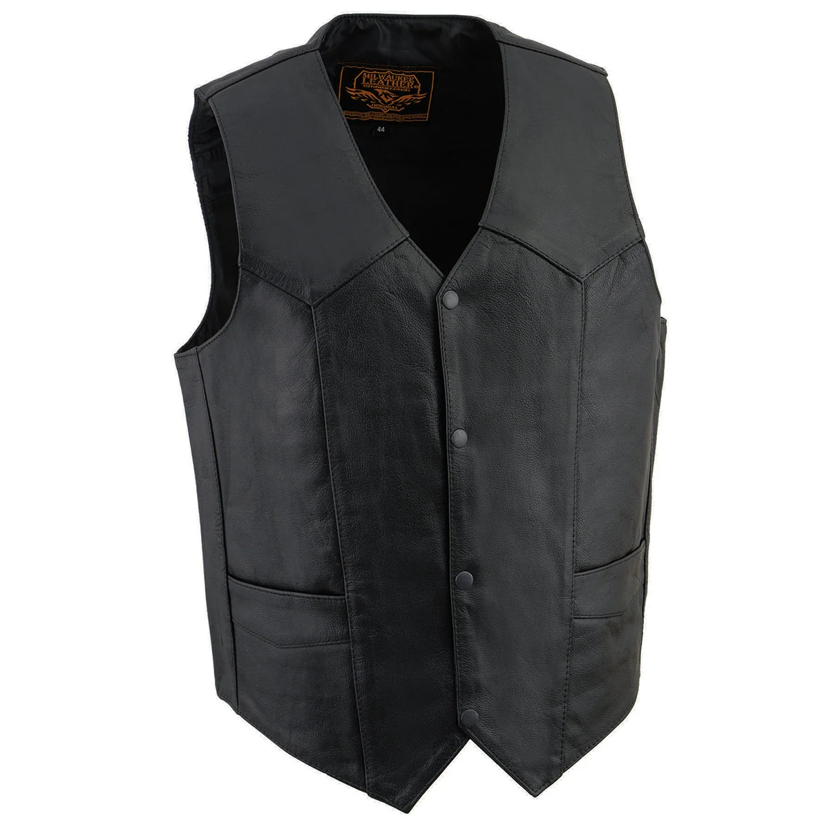 Effective Milwaukee Leather SH1310 Men's Black Leather Classic V-Neck Motorcycle Rider Vest w Front Snap Button Closure Detailed