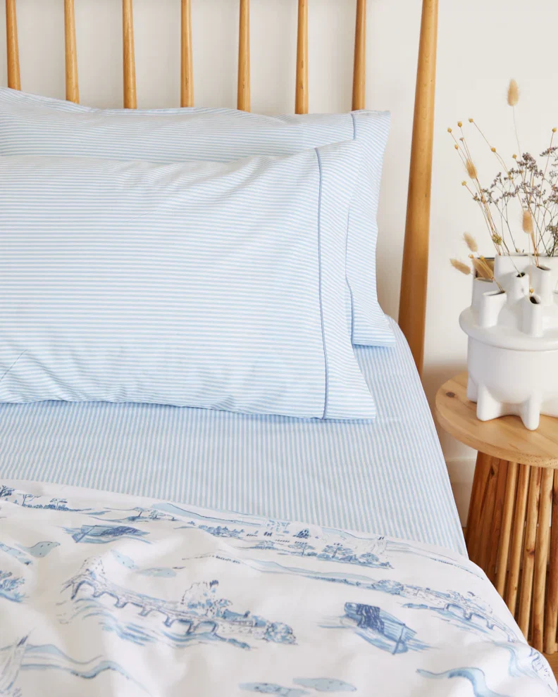 High-End Foxford Blue Ticking Fitted Sheet Superior