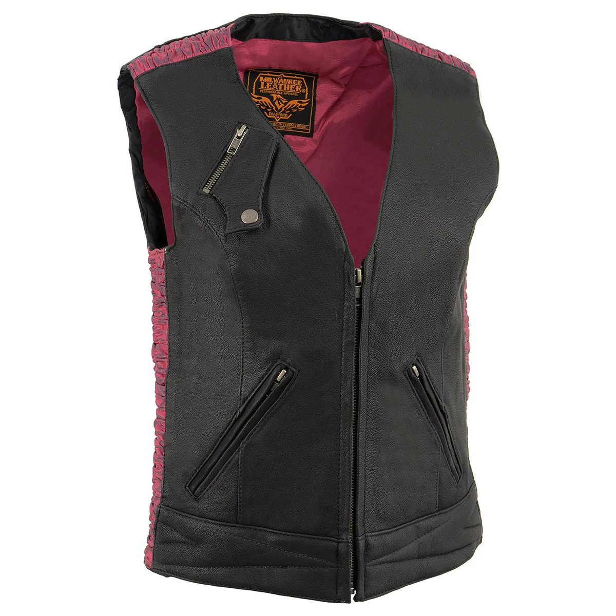 Genuine Milwaukee Leather MLL4571 Women's Black and Pink Lightweight Motorcycle Leather Vest w Crinkled Leather Design Premium