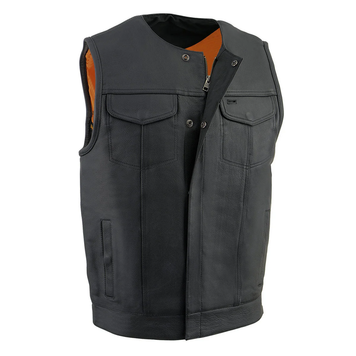Soft Milwaukee Leather MLM3511 Men's Black Collarless Snap Zipper Club Style Motorcycle Leather Vest Secure