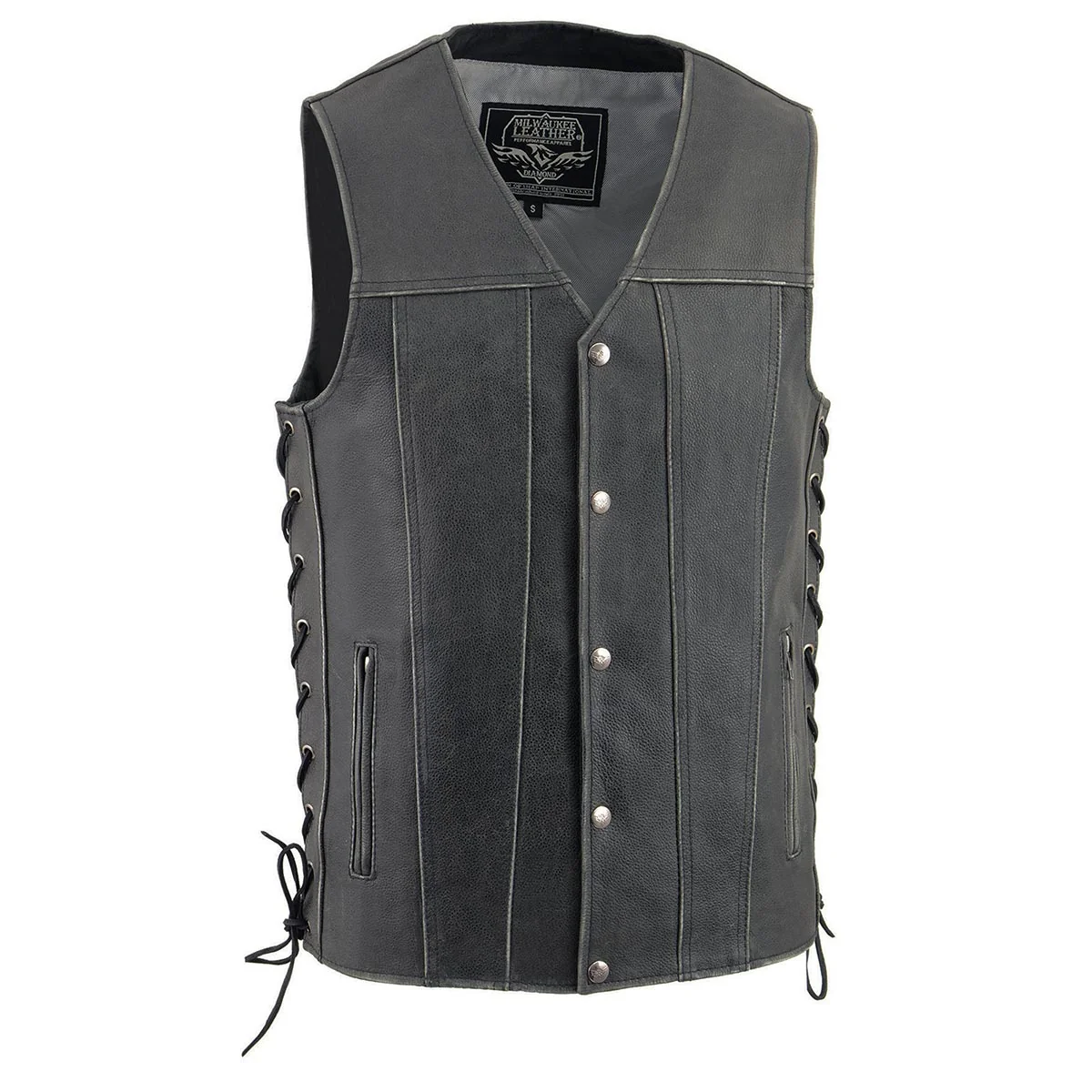 Superior Milwaukee Leather MLM3521 Men's Distress Grey Leather Vest - V-Neck Straight Bottom Side Lace Motorcycle Rider Vest Top-Quality