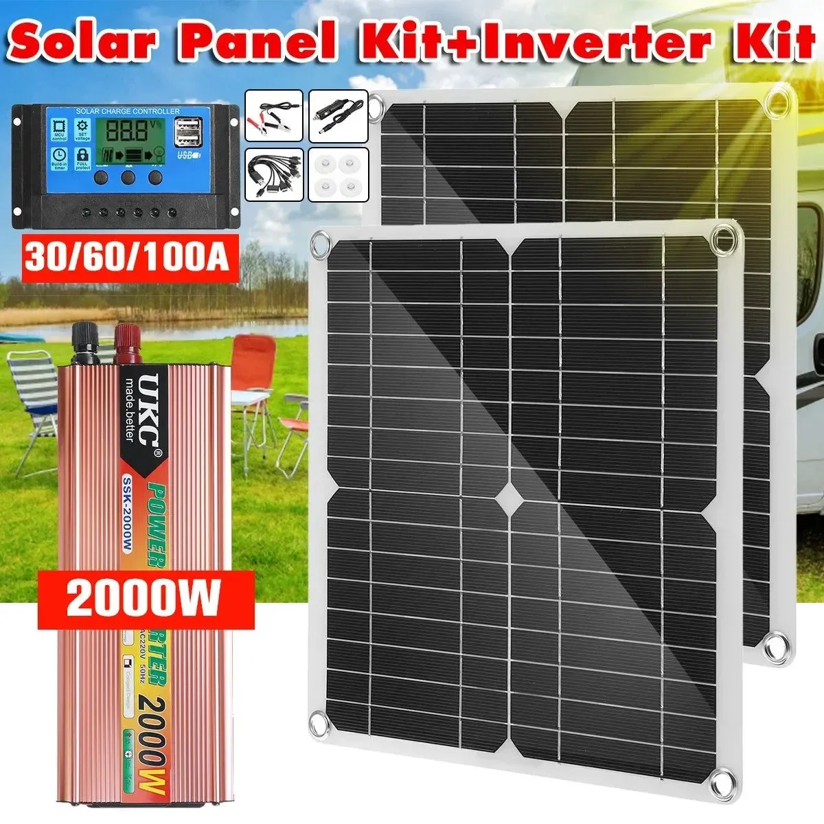 Sustainable 2000W Solar Panel Kit with Power Converter for RV Boat Cabin Home Camping Convenient