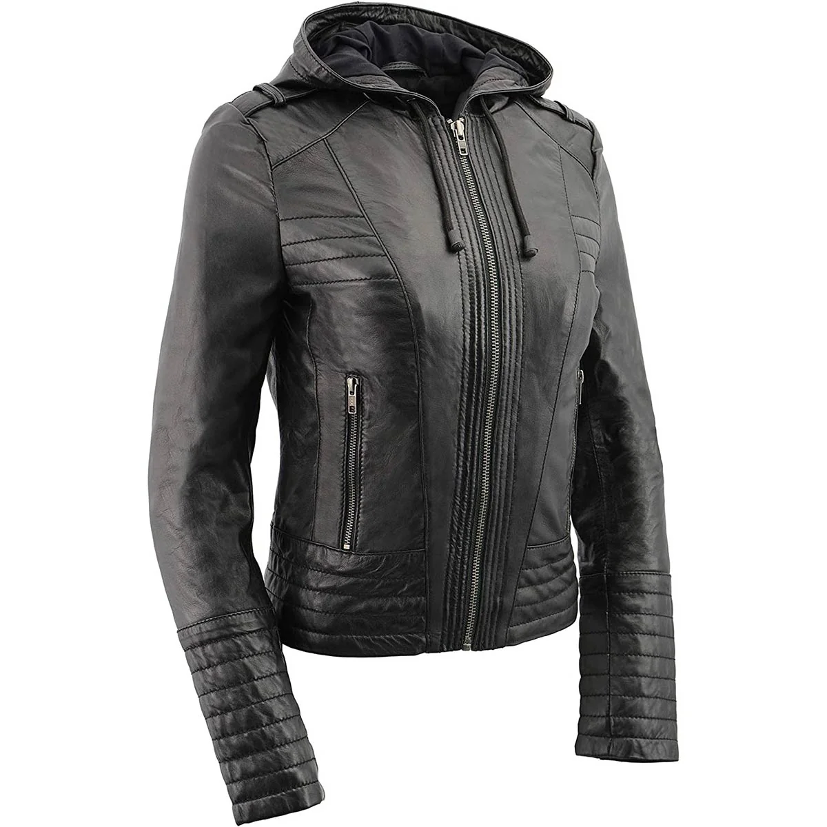 Original Design Milwaukee Leather SFL3554 Women's Black Scuba Style Zippered Front Motorcycle Fashion Leather Jacket with Hoodie Enhanced