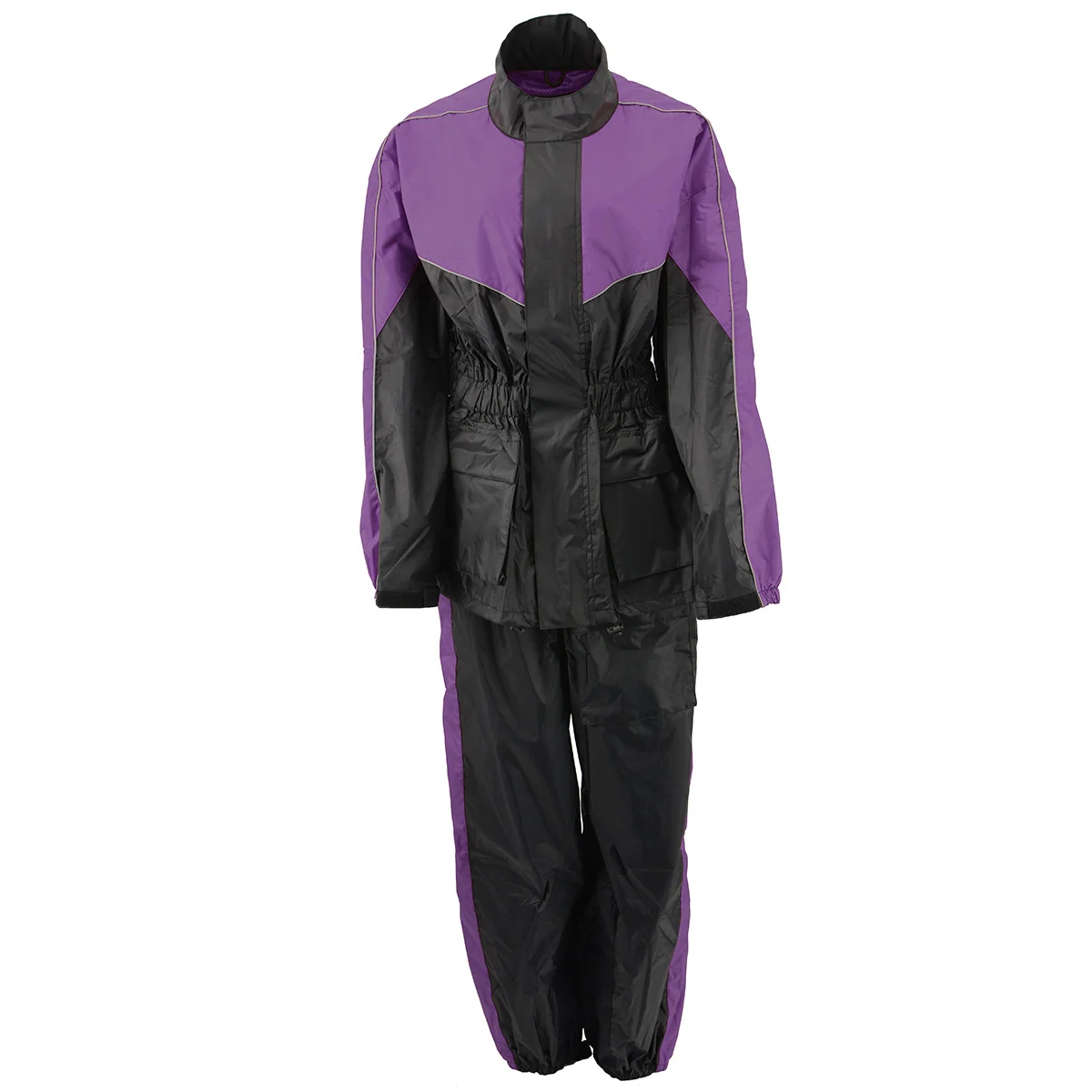 Eco-Friendly NexGen Ladies XS5001 Black and Purple Water Proof Rain Suit with Reflective Piping Refined