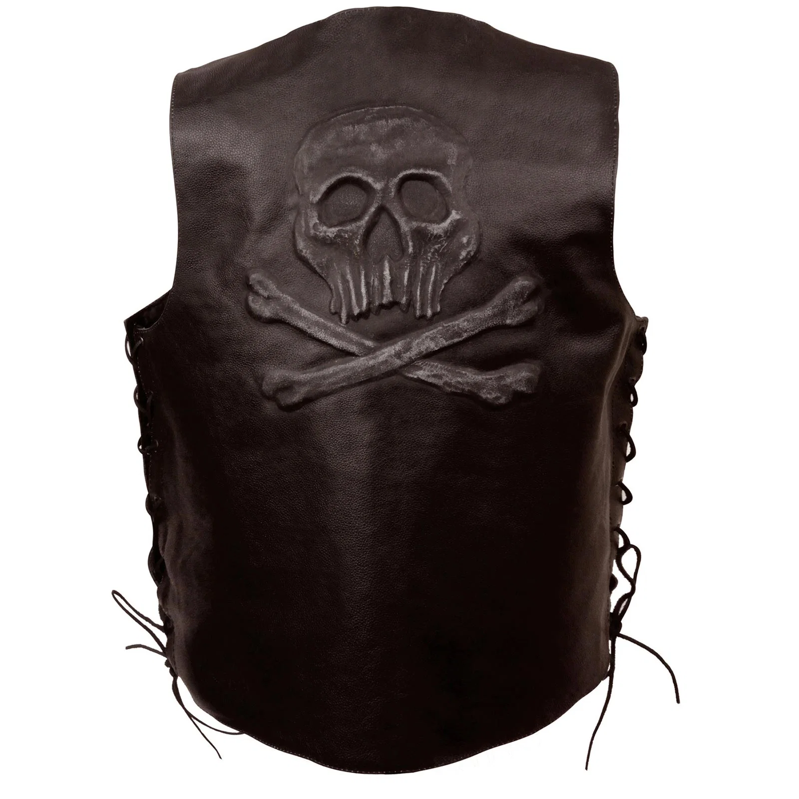 Casual Event Leather ELM3915 Men's Brown Side Lace Motorcycle Leather Vest with Skull and Cross Bones Emboss Professional