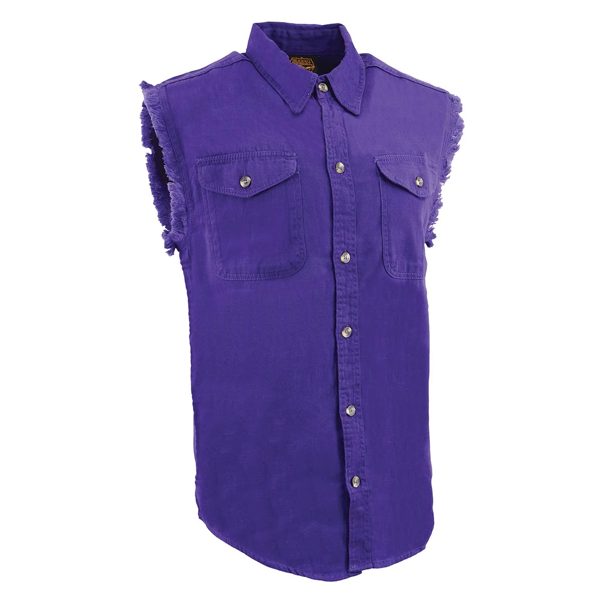 Authentic Milwaukee Leather DM1006 Men's Purple Lightweight Denim Shirt with with Frayed Cut Off Sleeveless Look Casual