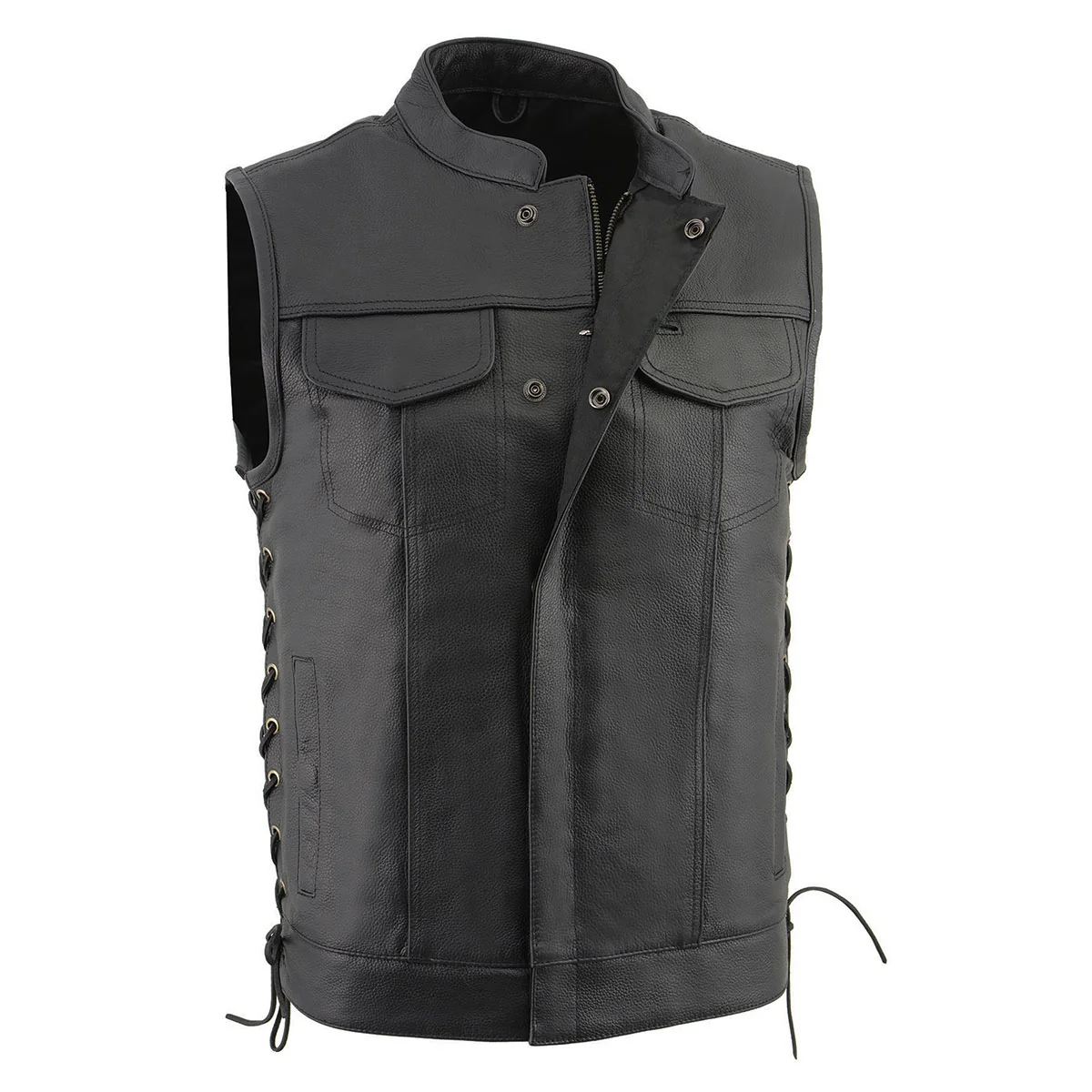 High-Grade Milwaukee Leather LKM3712 Men's Black Leather Club Style Motorcycle Rider Vest w Front Snap Zipper and Side Lace High-End