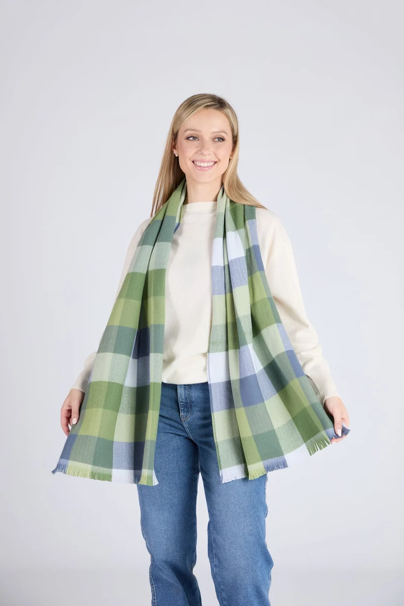 Refined Foxford Green Blue Block Check Extra-Fine Merino Scarf Crafted