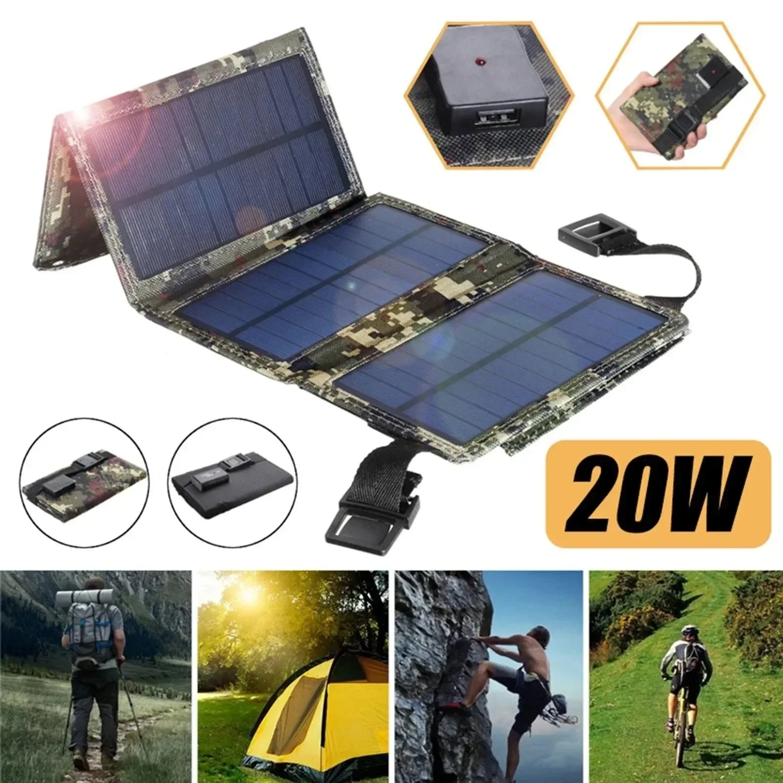 Functional 20W 5V Foldable USB Solar Panel Battery Charger for Camping and Hiking Prestigious