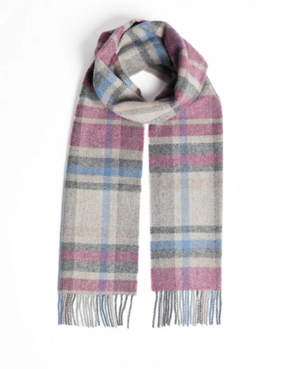 Professional Foxford Damask Grey Tartan Lambswool Scarf Prestigious