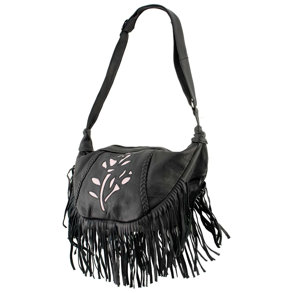 Functional Milwaukee Leather SH397 Ladies 'Inlay Rose' Fringed Black and Pink Shoulder Bag Responsible
