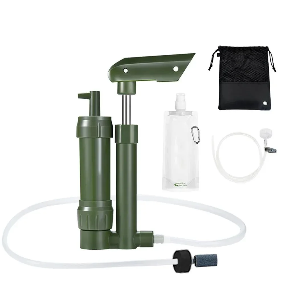 Relaxed Hand Pump Water Filter 3-Stage Camping Water Purifier Filtration System Survival Gear 0.01 Micron with 500ml Storage Water Bag Modern