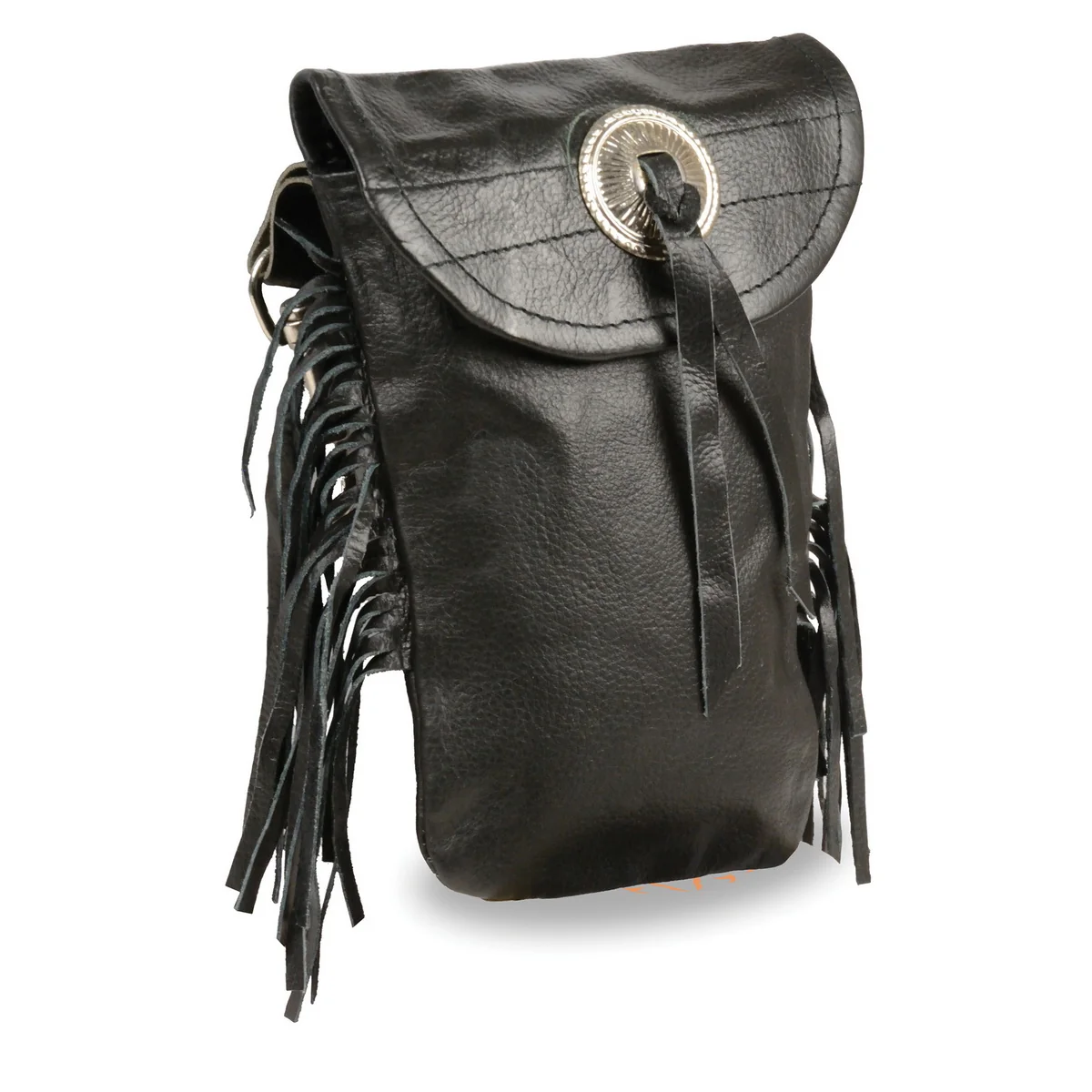 Smooth Milwaukee Leather SH506F Unisex Black Leather Belt Bag with Fringe and Concho Expertly Made