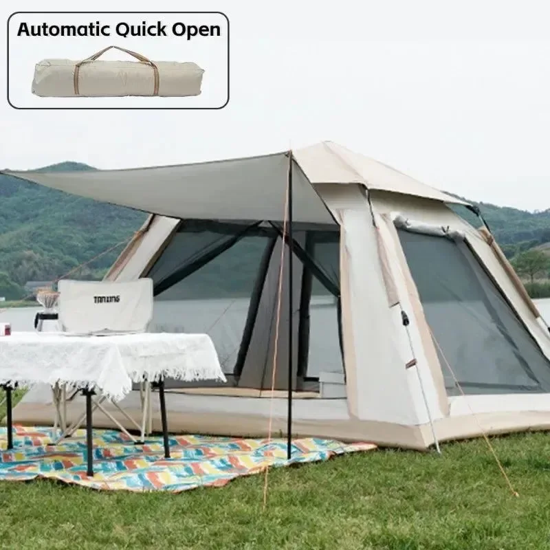 Reusable 5-8 Person Automatic Quick-Open Camping Tent – Waterproof 600D Oxford with Rainfly Natural